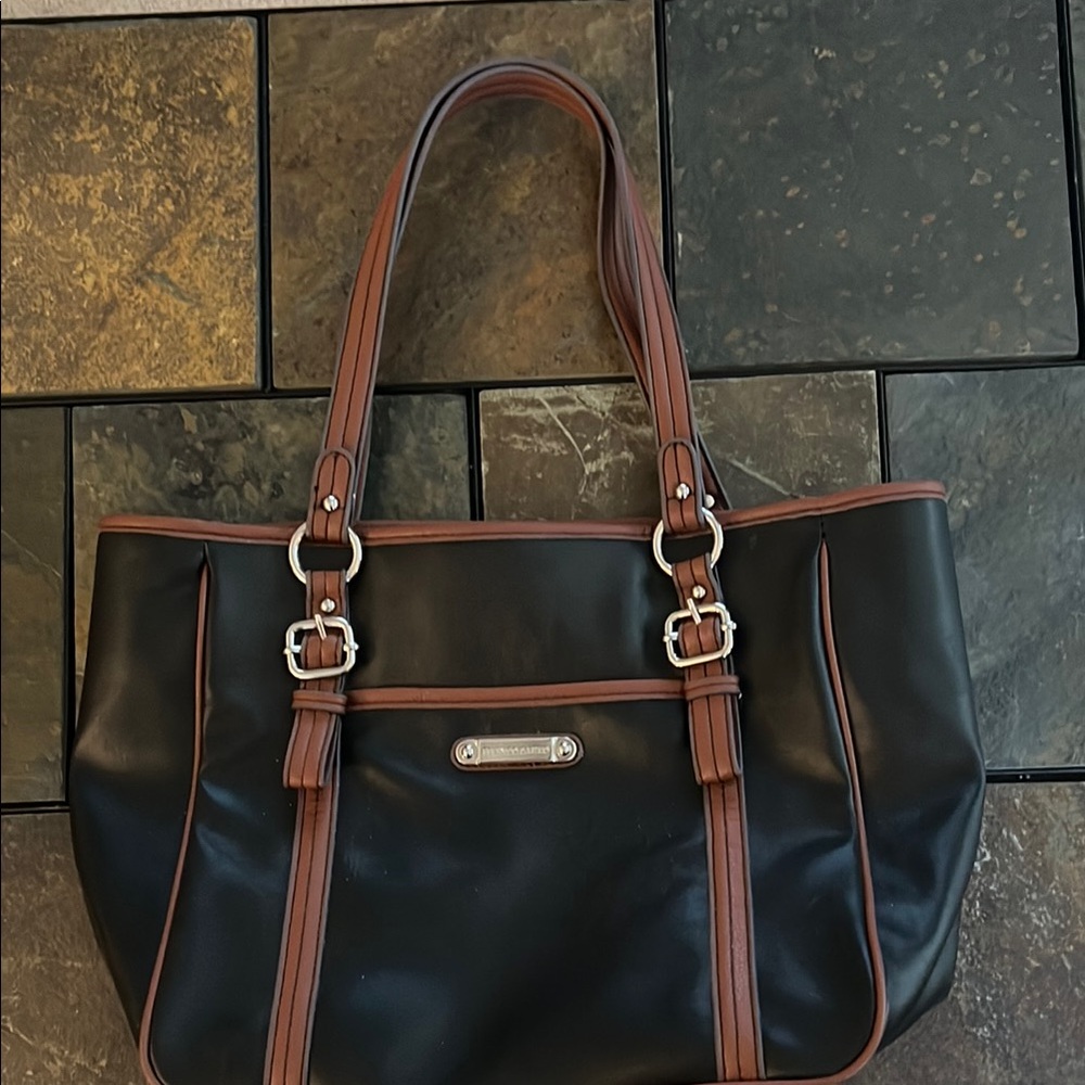 Franco Sarto Leather Black and Brown Tote Bag- EUC, 17”L, 11”H